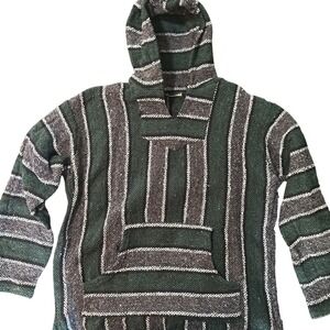 Vintage Mexican Baja Hoodie Forest Green Grey Striped Jerga Pullover Surfer Mens